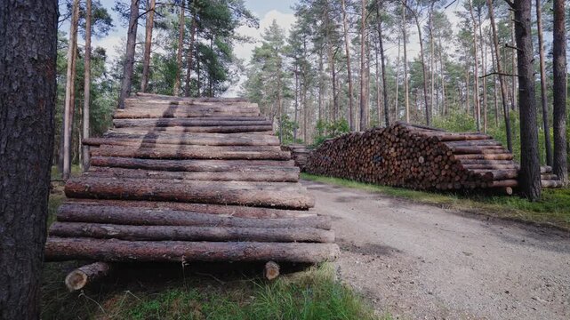 A quiet forest scene showing stacked tree logs beside a woodland path after timber harvesting. The natural landscape highlights forestry operations, sustainable resource management, rural environments