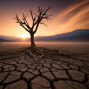 Desert tree dead tree cracked ground dry soil sunset sky mountain range solitary tree arid landscape root system barren land mist twilight silhouette dramatic sky nature landscape erosion drought