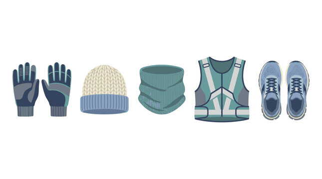 Winter running gear and apparel vector illustration set including gloves, beanie, neck gaiter, reflective vest, and running shoes