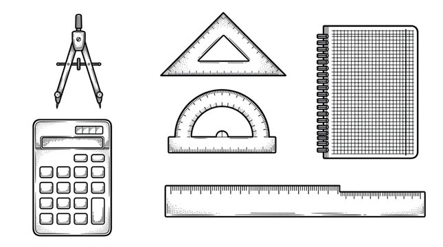 School and geometry tools vector illustration set in vintage engraving style featuring calculator, compass, ruler, and notebook