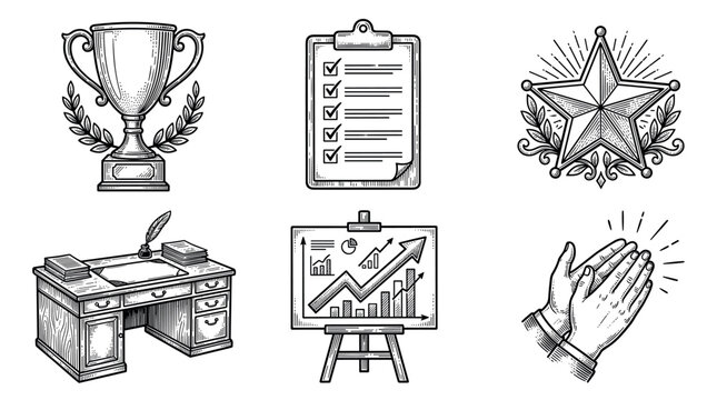 Business success and achievement vintage engraving vector illustration set featuring trophy, checklist, star, desk, and clapping hands