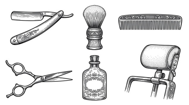 Vintage barbershop equipment vector illustration set with straight razor, scissors, comb, brush, bottle, and chair