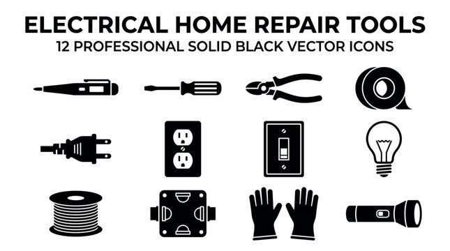 Electrical home repair tools and equipment glyph icon set, featuring screwdriver, pliers, outlet, and light bulb vector