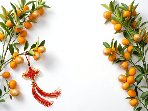 Minimalist Chinese New Year composition with kumquat branches and red knots on white