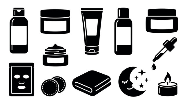 Skincare and cosmetics night routine glyph icon set, vector beauty products, facial treatment and self care symbols