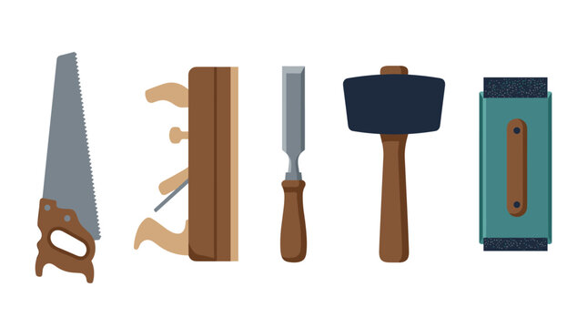 Flat vector illustration set of traditional woodworking hand tools including handsaw, plane, chisel, mallet, and sander