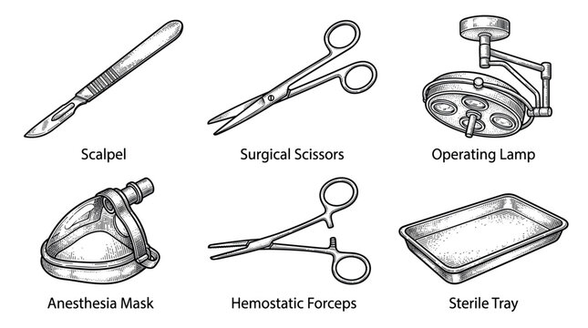 Surgical instruments and operating room equipment including scalpel and forceps, vintage engraving vector illustration set