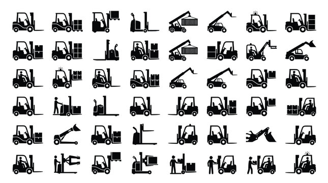 Large set of warehouse forklift and industrial vehicle icons including reach stackers, pallet jacks, and telehandlers moving boxes and containers in a flat silhouette style.