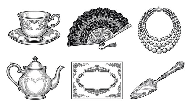 Vintage Victorian style tea party and fashion accessories vector illustration set