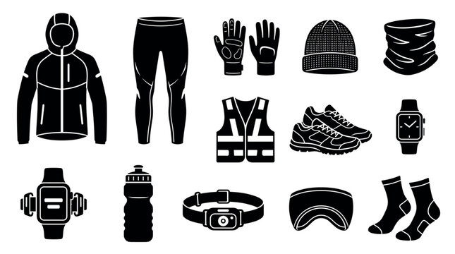 Cold weather running gear and outdoor fitness apparel glyph icon set vector featuring jacket, leggings, shoes, and smartwatch