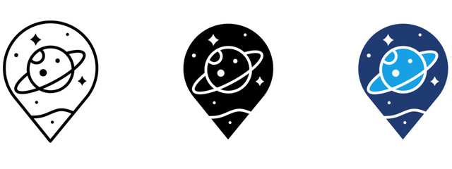 Space location pin icon with ringed planet and stars. Symbol of galaxy navigation, cosmic map marker, celestial place pointer, universe destination, space exploration and astronomy GPS. © Rayhan