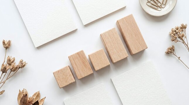 Blank KPI cards and wooden bar chart blocks for performance review
