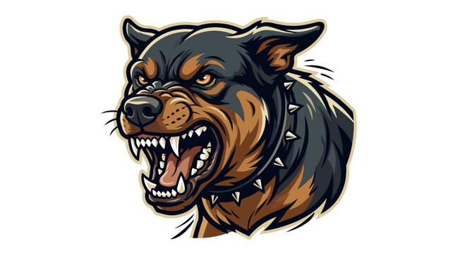 Aggressive rottweiler dog head mascot illustration with spiked collar.