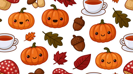 Fototapeta premium Seamless autumn pattern with cute pumpkin, cup, leaf, acorn, and mushroom on white background