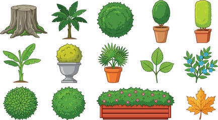Cute Cartoon Plant Vector Element Set with Potted Bushes Banana Trees Stump and Leaves for Garden Landscape Designs © farida