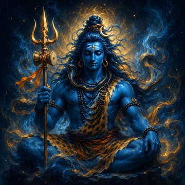 Lord Shiva blue-skinned deity meditates peacefully holding trishula.