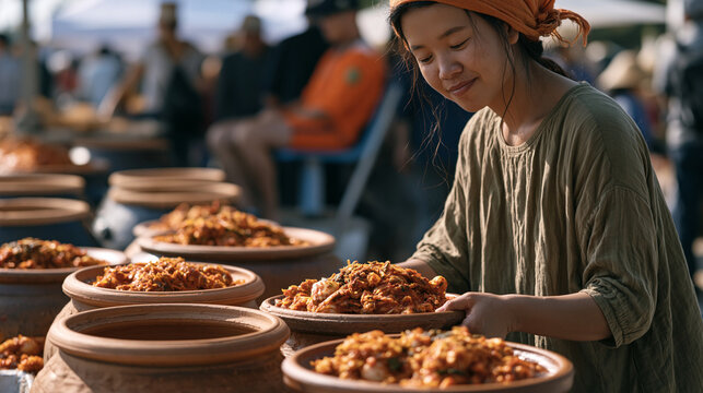 Korean family fills onggi earthenware jars with kimchi in crowded public market square, pool lifeguard on duty watches from elevated chair at nearby community event, before and