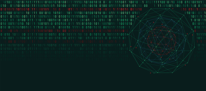 Digital binary code background with geometric wireframe network illustration for data processing, technology concepts