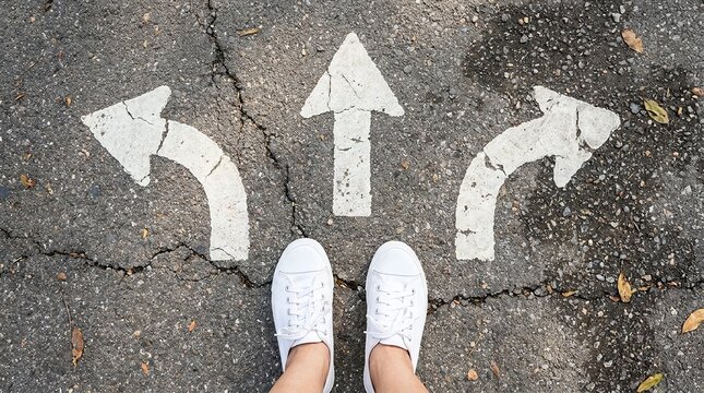 Feet standing before three painted arrows on asphalt for decision making