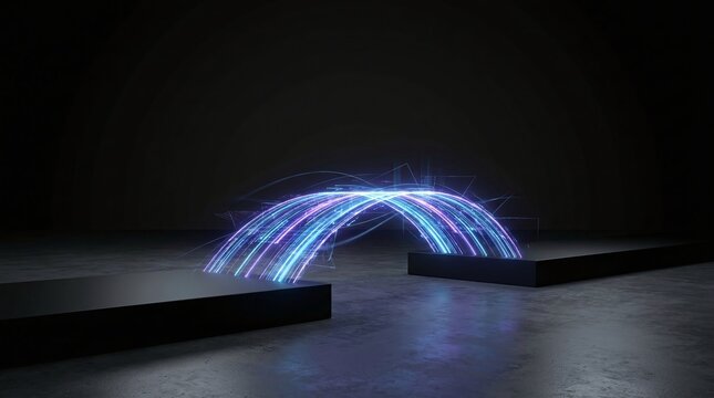 Glowing bridge of light connecting two platforms for digital transformation