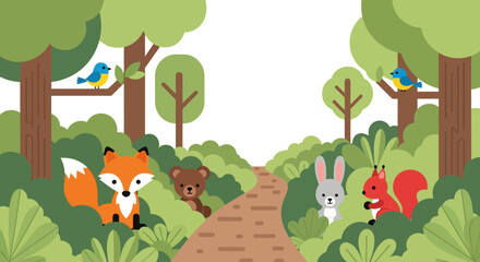 Naklejka premium Cute woodland animals in a colorful forest illustration