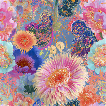 Colorful floral pattern with intricate paisley design and vibrant blooming flowers