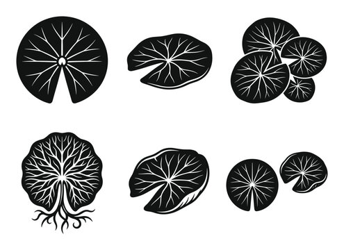 Lily pad vector icon set in black silhouette with white veins for nature-themed designs, pond illustrations
