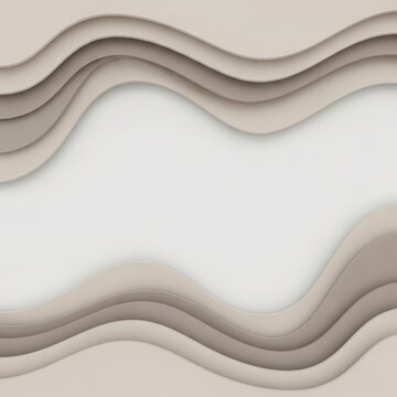 Minimalist 3D paper-cut background with layered curved waves in neutral beige and taupe tones. Sinuous flowing lines create a decorative frame with white space for text copy.