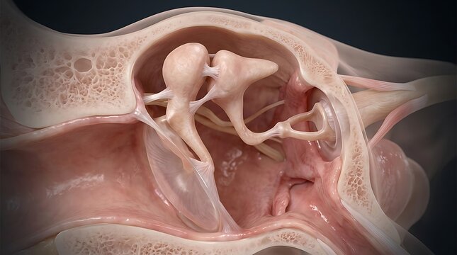 Anatomy of the human middle ear showing ossicles and eardrum