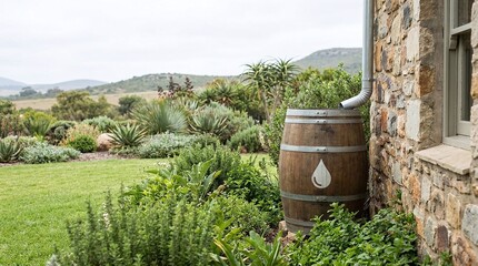 Obraz premium Rainwater collection barrel with water drop icon for climate resilience