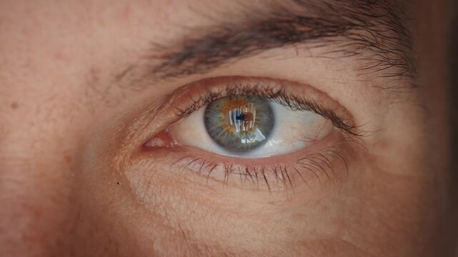 Extreme close up of human eye with colorful iris and natural texture showing vision focus and awareness. Cinematic macro male eye shot highlighting perception observation and visual attention concept.