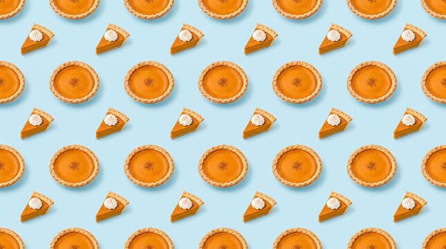 Seamless pattern of pumpkin pies and slices for thanksgiving holiday celebration on a light blue background