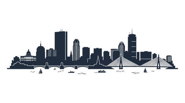Detailed silhouette illustration of the Boston city skyline with iconic buildings and bridges.