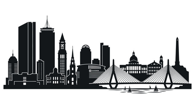 Black and white silhouette illustration of the Boston city skyline with iconic landmarks.