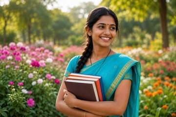 Fototapeta premium Smiling Indian student girl holding books outdoors in a vibrant flower garden