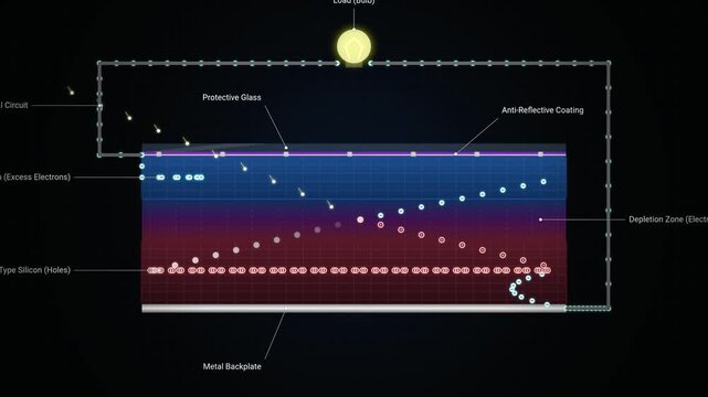 Animation explaining the inner workings of a solar panel showing photovoltaic effect and electron flow