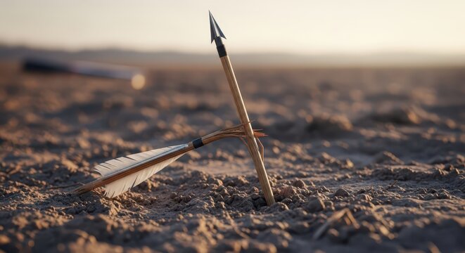 Two Arrows Stuck in Dry Earth at Sunset, One Standing Upright, Symbolizing Struggle and Resilience