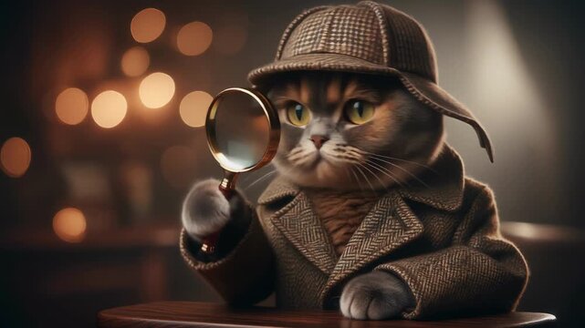 Clever cat detective in tweed coat and deerstalker hat investigating with curiosity and charm