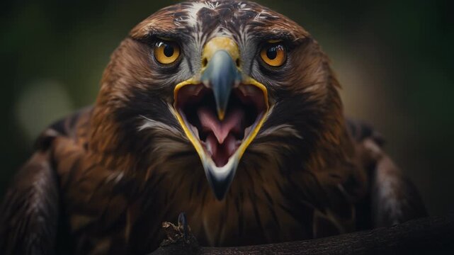 Fierce eagle with sharp eyes and vivid beak opening mouth wide in stunning wildlife closeup