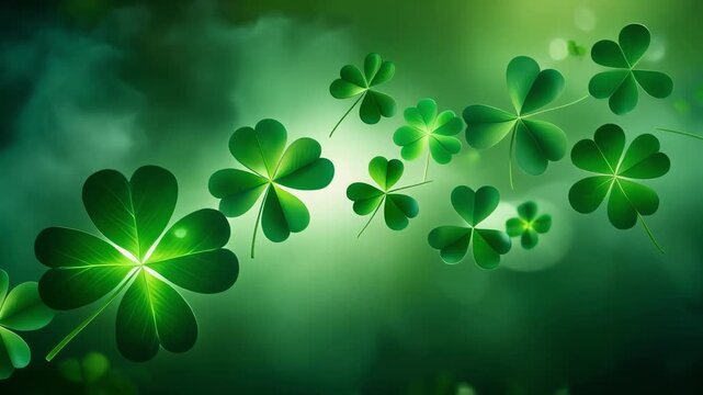 Serene flow of shimmering four leaf clovers drifting gently through glowing natural light