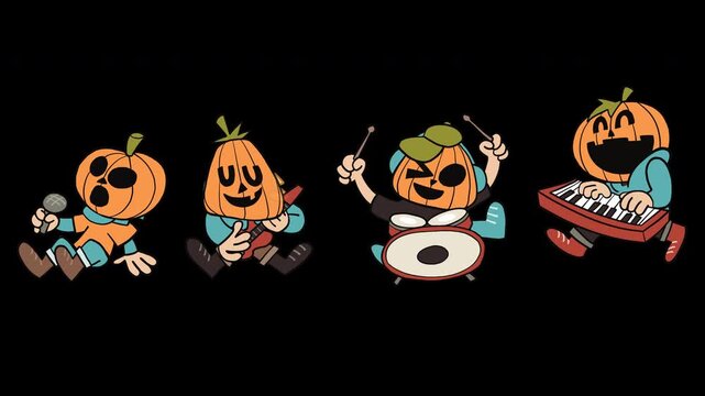 Cute Halloween pumpkin music band playing instruments in a line, retro vintage cartoon character banner loop video with transparent background alpha channel