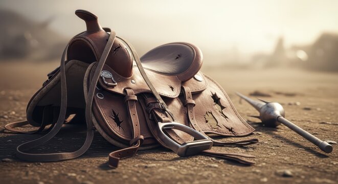 Worn Leather Western Saddle and Spur Lying on Dusty Ground in Harsh Sunlight