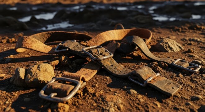 Worn, rusty leather straps and buckles lying on dry, cracked earth, evoking a sense of age and history