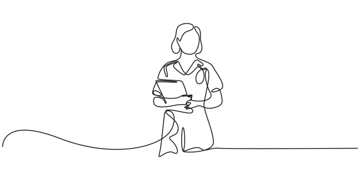 Continuous One Line Drawing of Nurse Holding Medical Report Vector, Editable Monoline Healthcare Professional with Patient Document, Minimal Hospital Staff Outline, Isolated Vector Illustration, pro