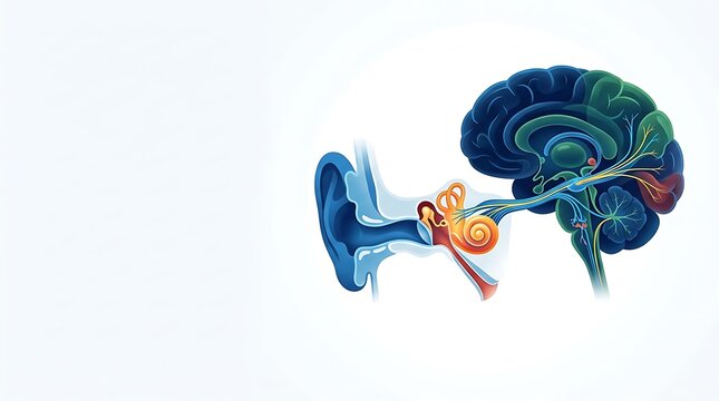 Medical diagram showing hearing process from human ear to brain