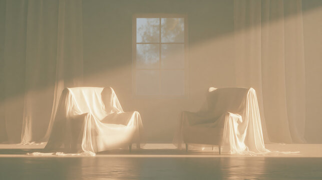 Armchairs covered in white sheets in an empty room