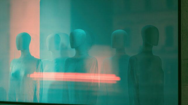 Mannequins in a shop window at night