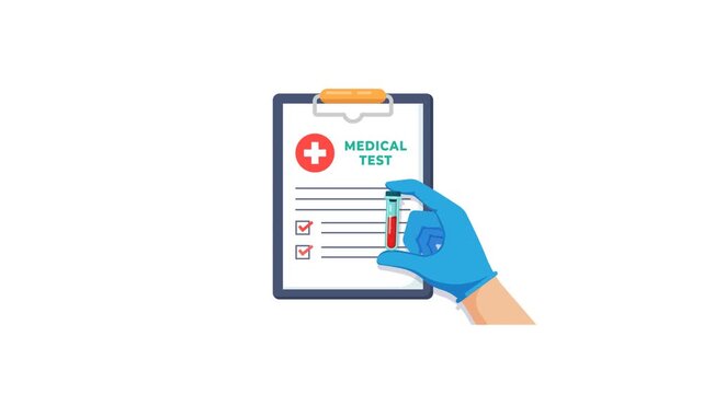 4K animation of Medical Test Clipboard With Gloved Hand Holding Blood Sample Vial For Laboratory Analysis.