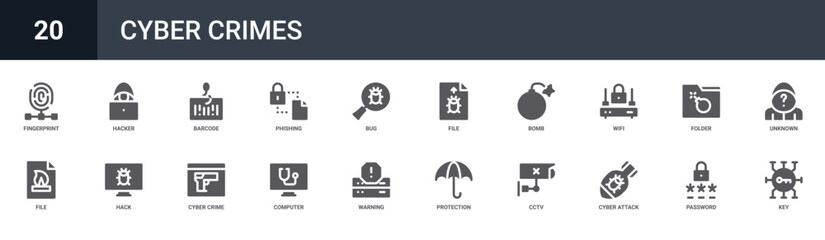 Set of 20 solid Cyber Crimes icons for dashboards, app screens and website sections. Filled glyph collection including hacker, phishing, file, wifi and folder. © Sophia