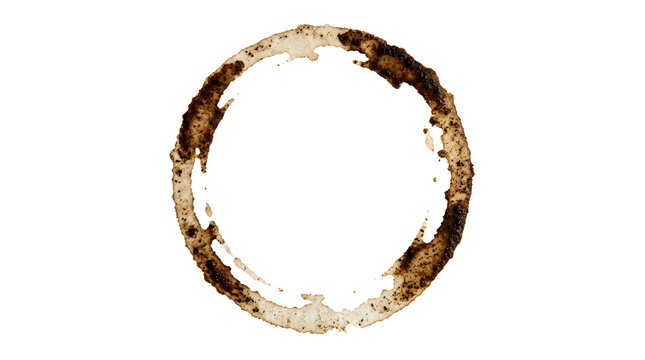 Perfect round coffee cup ring stain isolated on white background with stain mark brown ring drink stain circle mark design graphic ring shape isolated